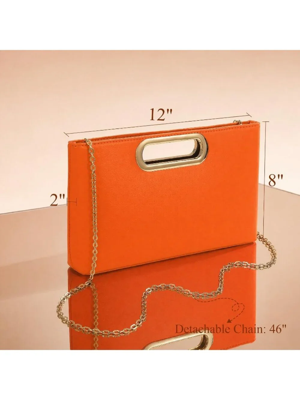 Women's Orange Clutch Handbag Modern Faux Leather with Metal Handle Evening Bag